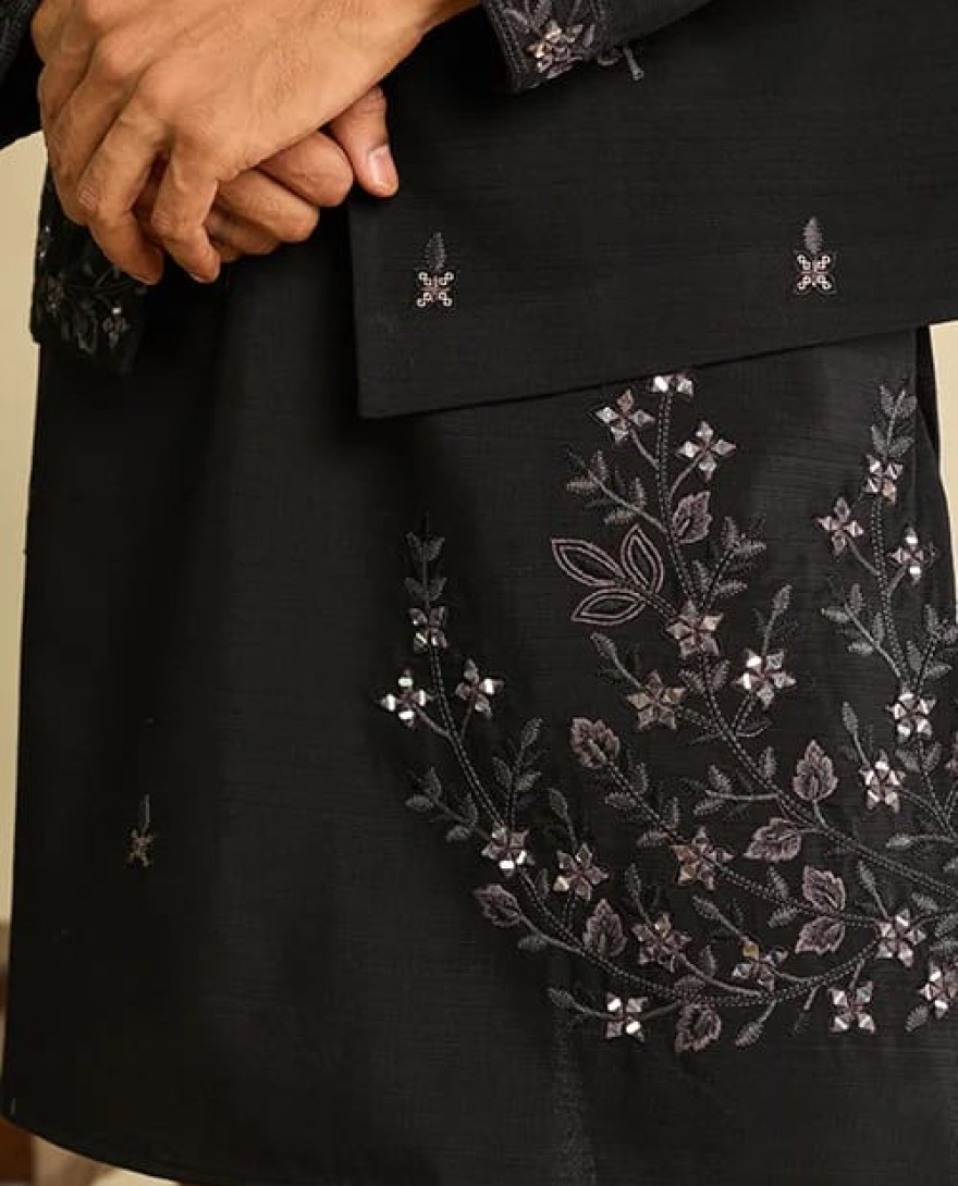 BLACK - Premium Designer Black Mirror Work Koti Kurta Set for Men